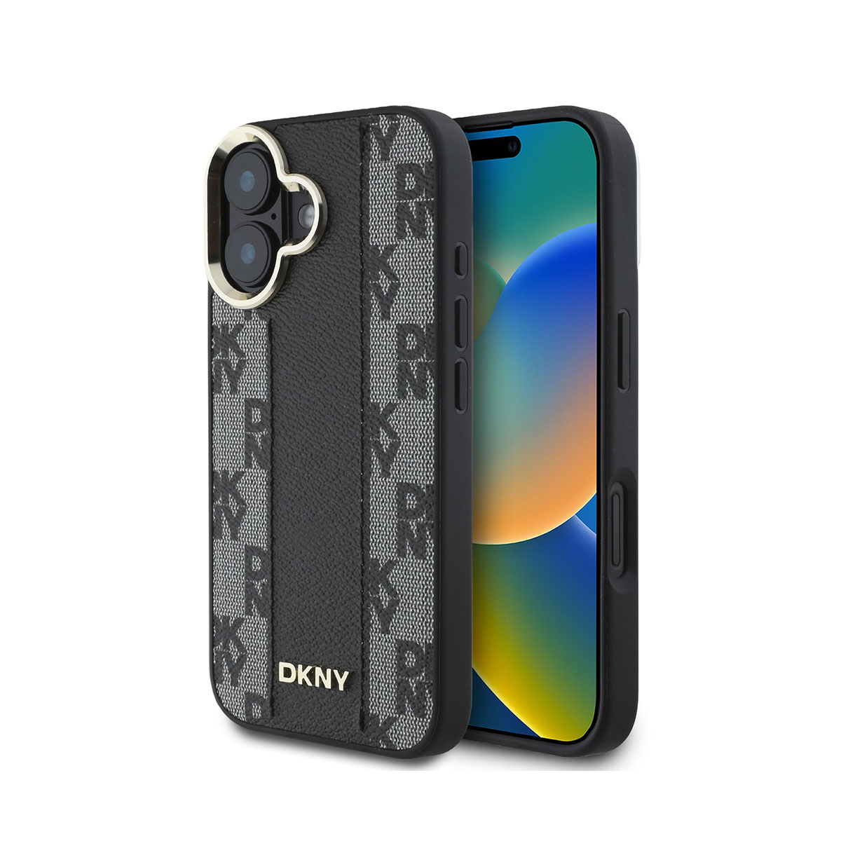 Un iPhone nero con una custodia DKNY. La custodia è in pelle nera con un motivo DKNY grigio. Lo schermo del telefono è visibile.