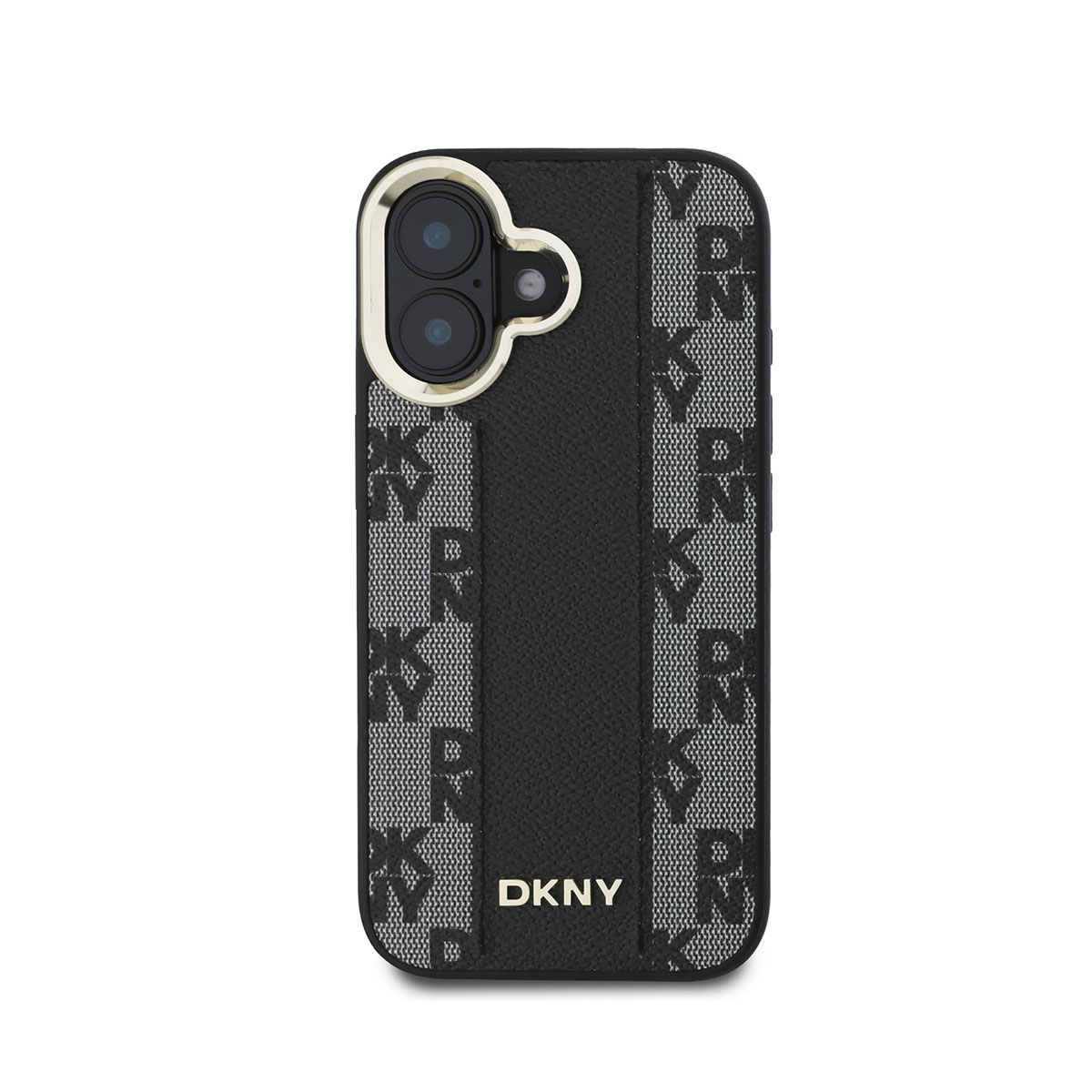 Una custodia per telefono con un motivo DKNY nero e grigio. Ha una cinghia nera e il logo DKNY in basso. La fotocamera è visibile.