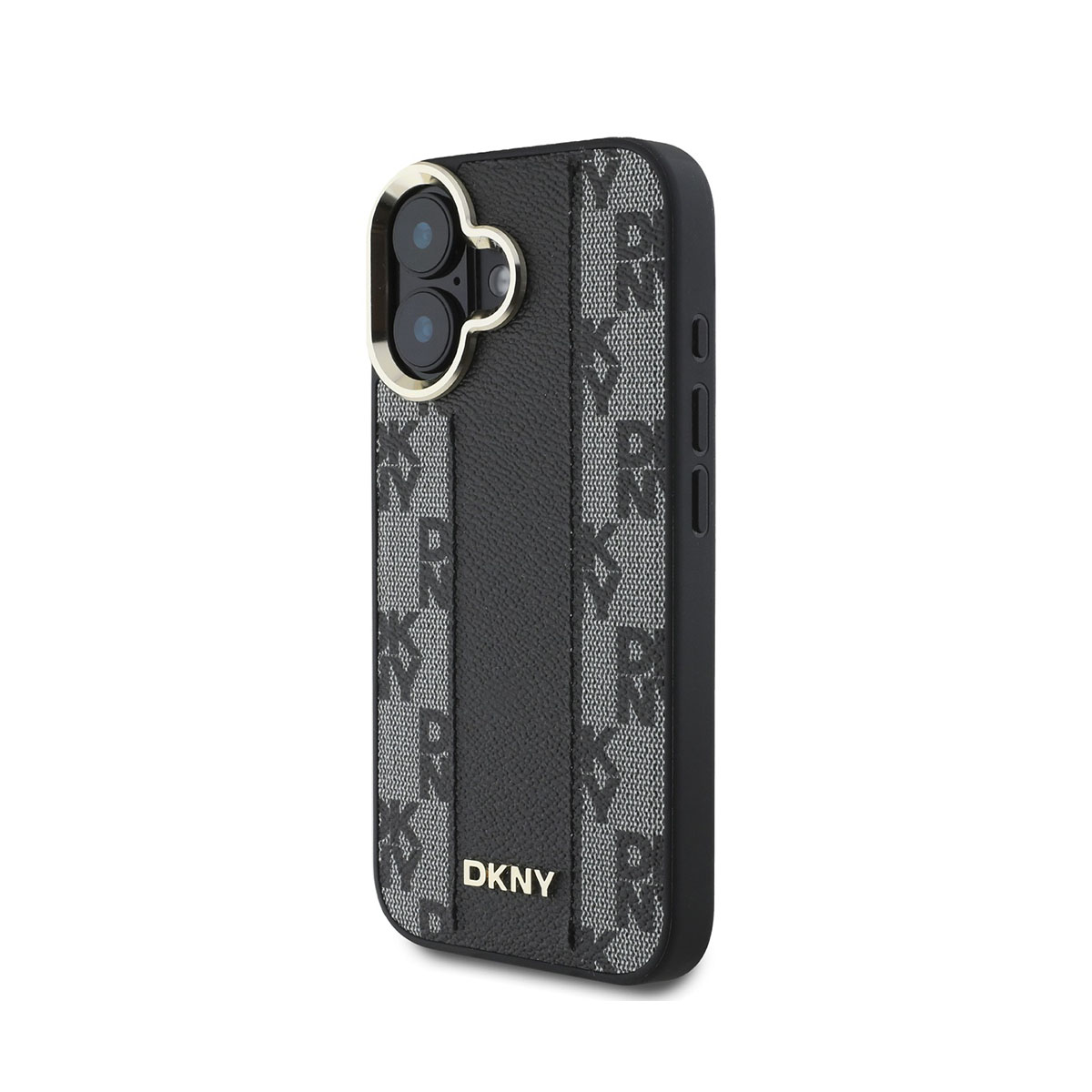 Una custodia per telefono DKNY nera con un anello dorato per la fotocamera. Ha un motivo di loghi DKNY in grigio e nero. La custodia è su sfondo bianco.