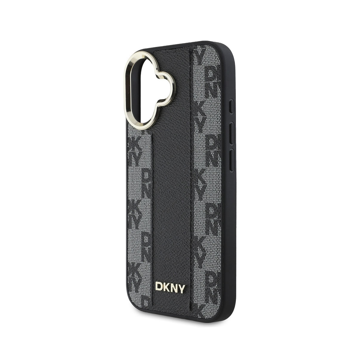 Una custodia nera per telefono con il logo DKNY. Ha un anello di metallo e una striscia nera al centro. Lo sfondo è bianco.