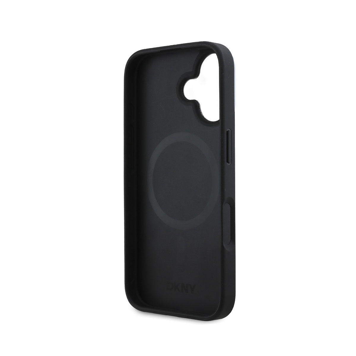Una custodia per telefono nera con logo DKNY. Presenta un design circolare e aperture per la fotocamera e i pulsanti. Lo sfondo è bianco.