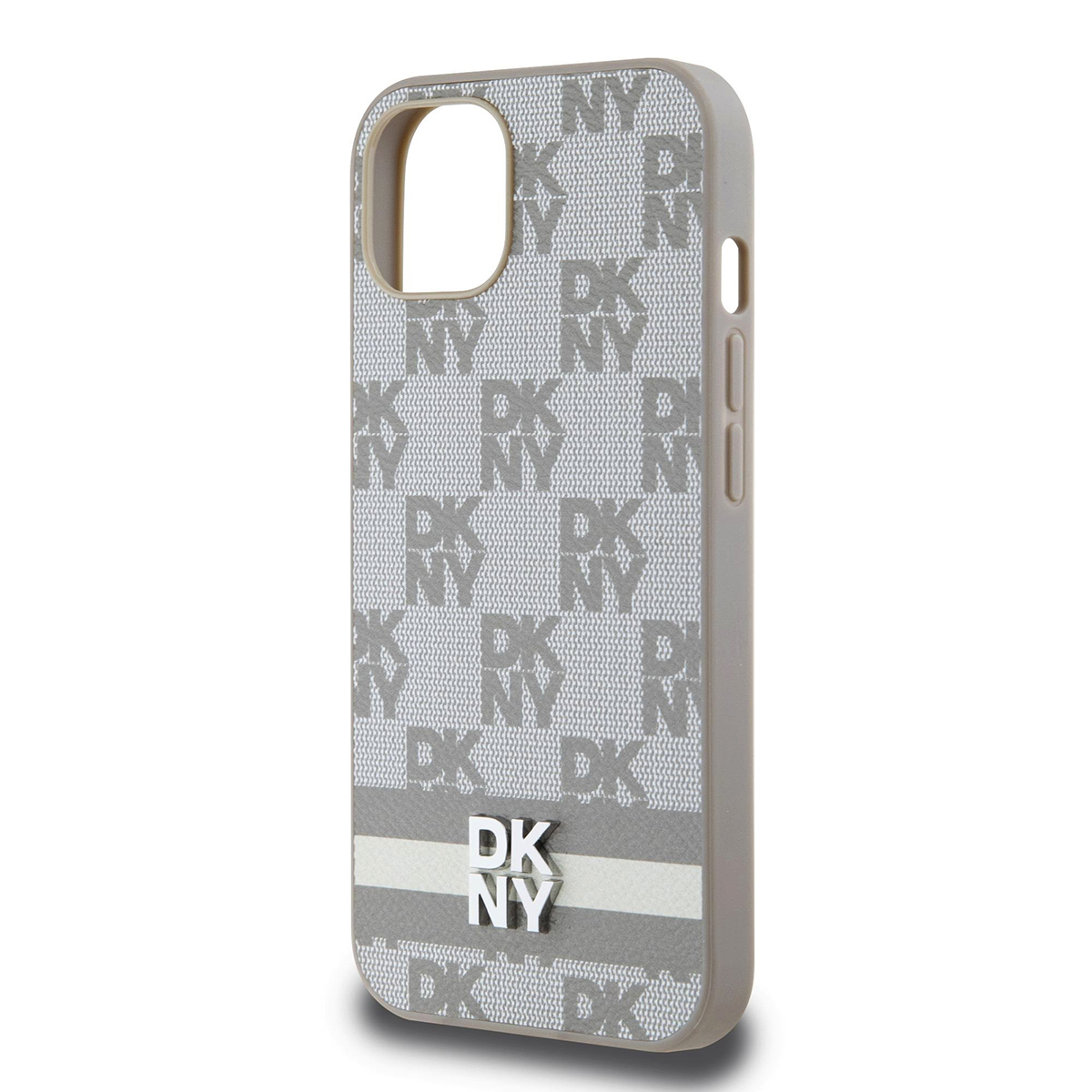 Una custodia per telefono con un motivo DKNY. La custodia è grigia con il logo DKNY argentato. Sono presenti strisce bianche e un logo argentato.