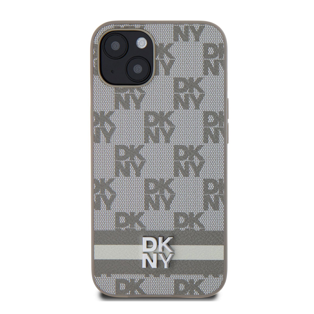 Una custodia per telefono con un motivo DKNY grigio. La custodia presenta un ritaglio per la fotocamera e il marchio è ben visibile.