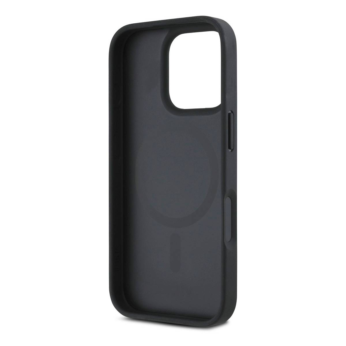 Una custodia per telefono grigio scuro, aperta su un lato, con ritaglio per fotocamera e rientranze per i pulsanti. Lo sfondo è bianco.