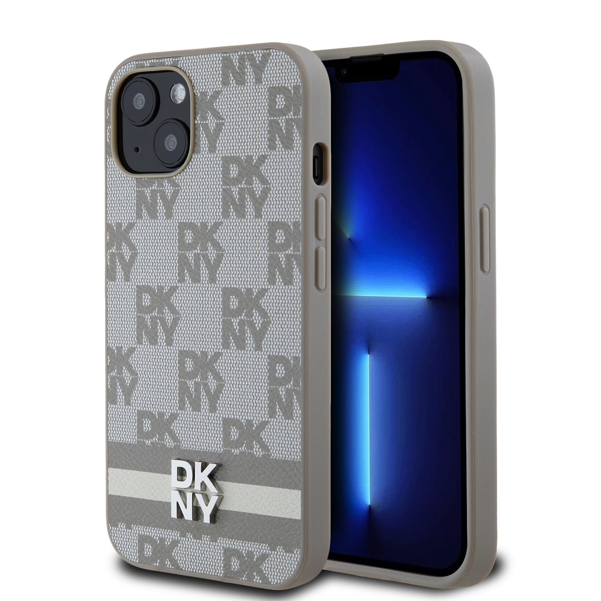 Un iPhone con custodia DKNY. La custodia è grigia con un motivo di loghi DKNY e una striscia bianca. Lo schermo del telefono è blu.