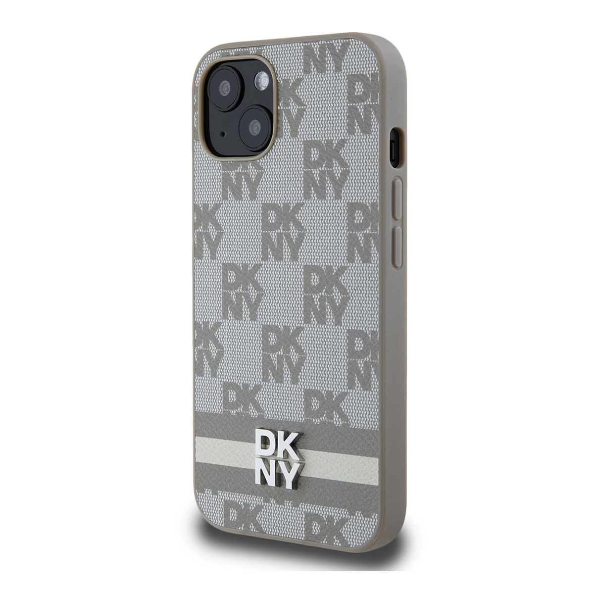 Una custodia per telefono con un motivo DKNY grigio e bianco. La custodia ha un logo DKNY in rilievo in basso e un colore neutro sui lati.