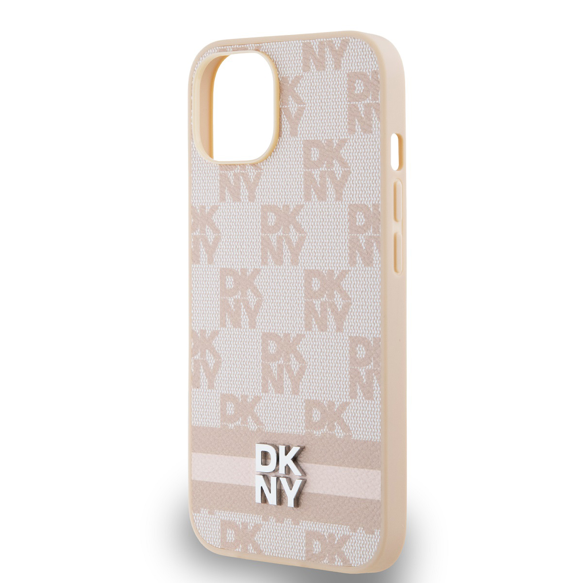 Una custodia per telefono DKNY beige con logo DKNY ripetuto. Un logo DKNY argentato in basso. La custodia è su sfondo bianco.