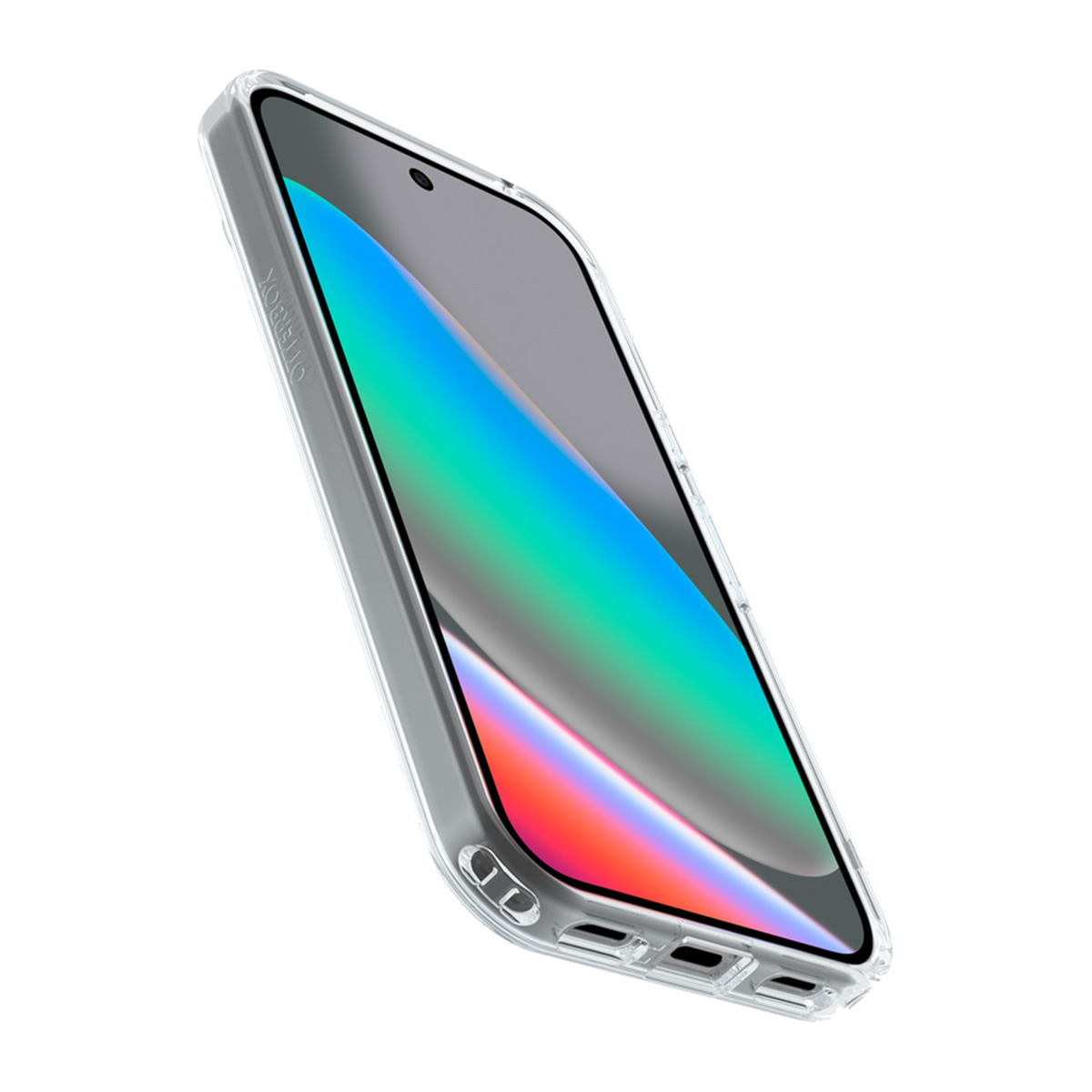 Una custodia trasparente per telefono con un telefono all'interno. Lo schermo del telefono ha una sfumatura colorata. Otterbox è stampato sul lato.