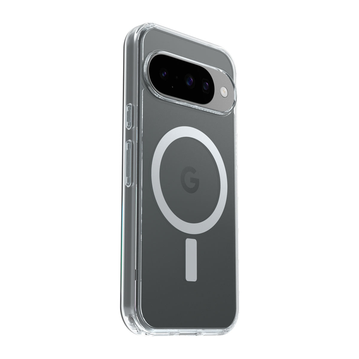 Una custodia trasparente con un telefono Google Pixel all'interno. La custodia ha un design circolare bianco con una 'G' e un piccolo rettangolo.