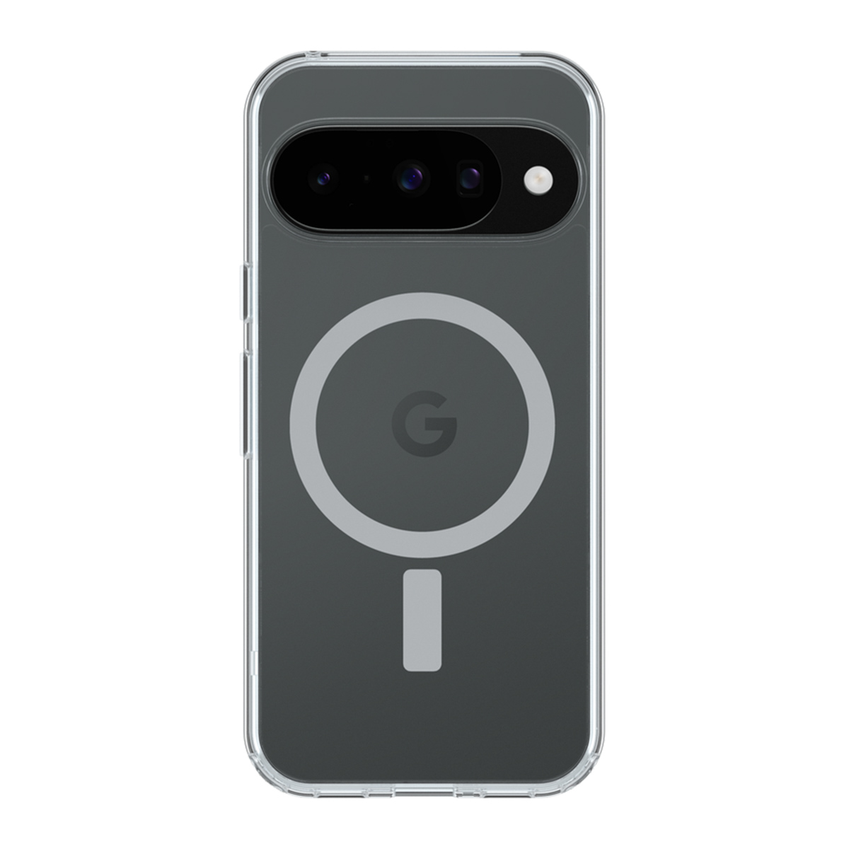 Custodia trasparente per telefono su sfondo bianco. Ha un logo Google, un modulo fotocamera e un indicatore di carica.