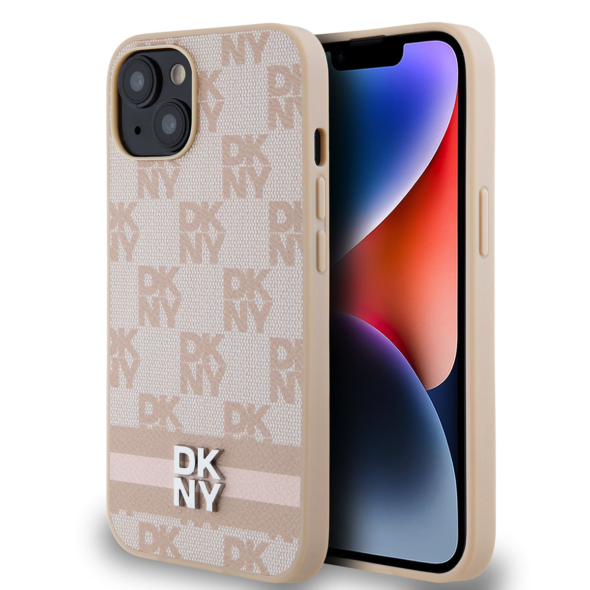 Un iPhone con una custodia DKNY. La custodia è beige con loghi e strisce DKNY. Lo schermo dell'iPhone ha sfumature rosse, blu e nere.