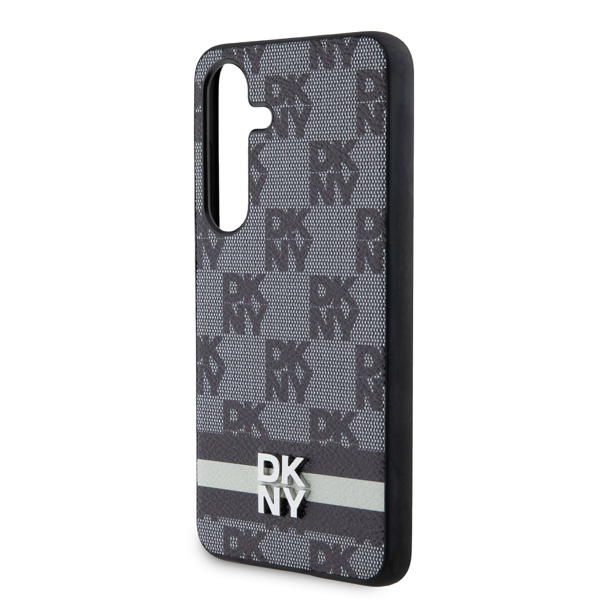 Una custodia per telefono DKNY con motivo grigio e bordo nero. Il logo DKNY è in basso con una striscia argentata.