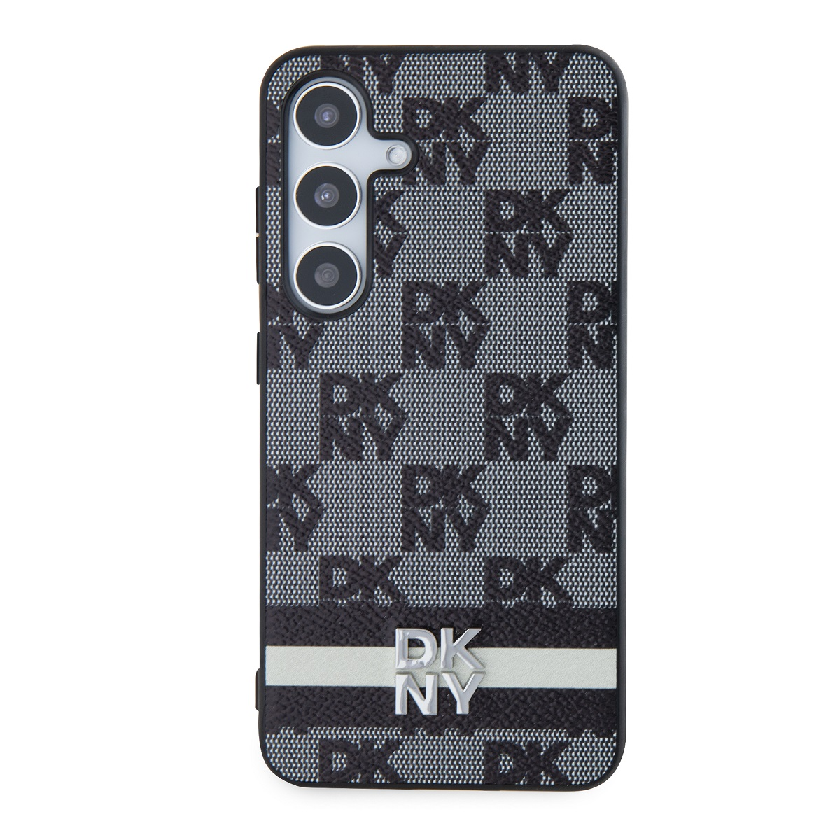Una custodia per telefono con logo DKNY, motivo bianco e nero. Ha un modulo fotocamera e una striscia bianca.