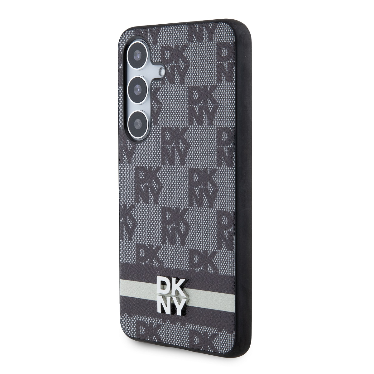 Una custodia per telefono con motivo DKNY. La custodia è grigio scuro con logo DKNY argento. Una striscia in basso.