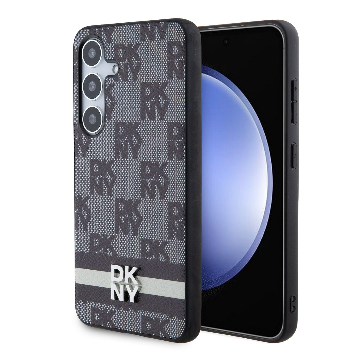 Telefono con custodia DKNY. La custodia è grigia con motivo DKNY, una striscia bianca e il logo DKNY. Lo schermo mostra una sfumatura blu.