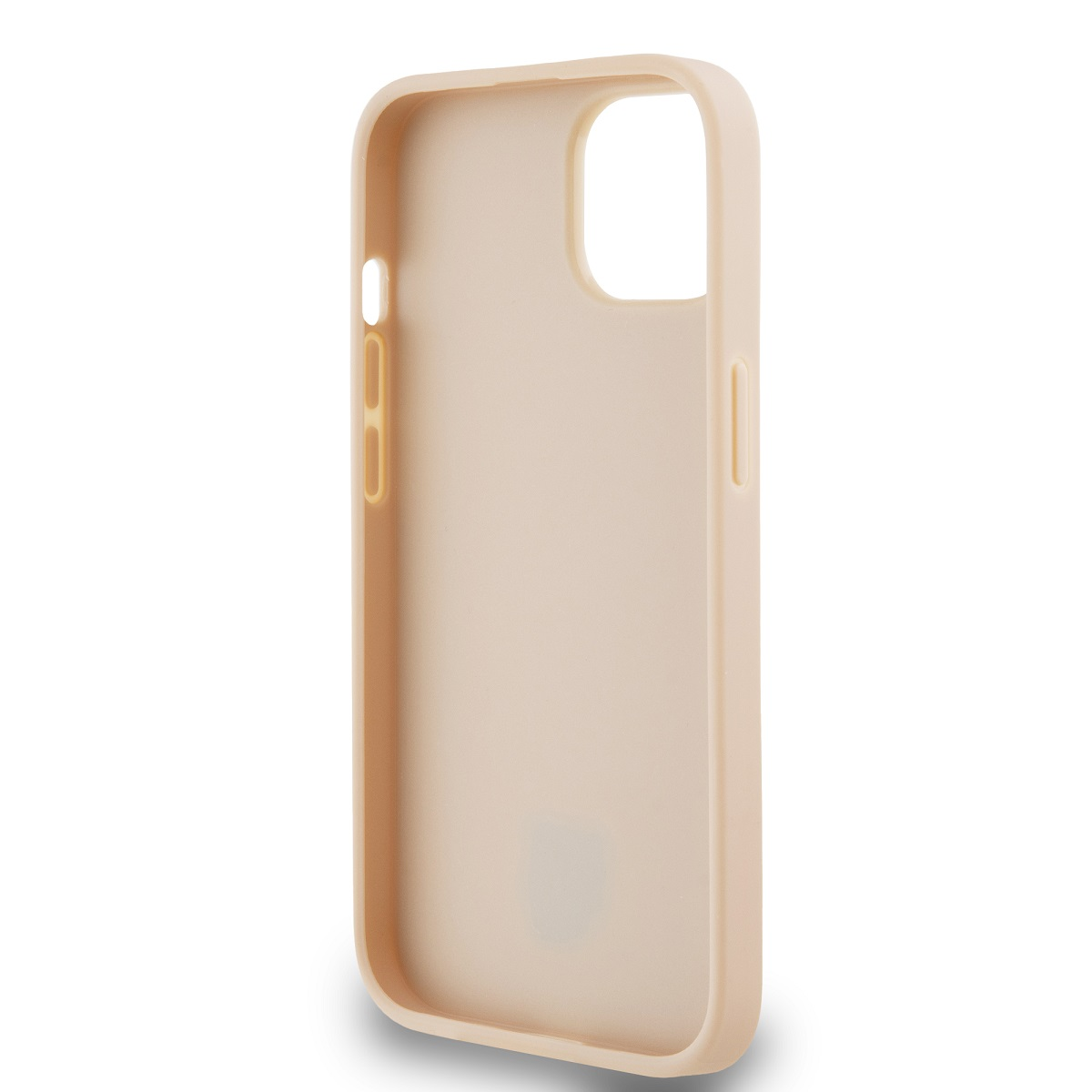 Una custodia per telefono color pesca chiaro è mostrata su sfondo bianco. La custodia presenta ritagli per fotocamera e pulsanti.