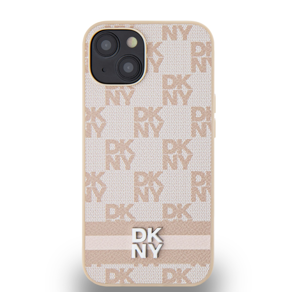 Una custodia per telefono con sfondo beige, ornata dai loghi 'DKNY' e 'NY'. Ha un sistema a doppia fotocamera e un bordo beige chiaro.