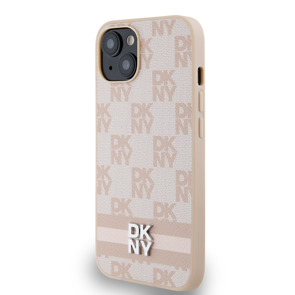 Una custodia beige per iPhone con motivo DKNY. La custodia ha una fotocamera, pulsanti e un logo metallico. Lo sfondo è bianco.