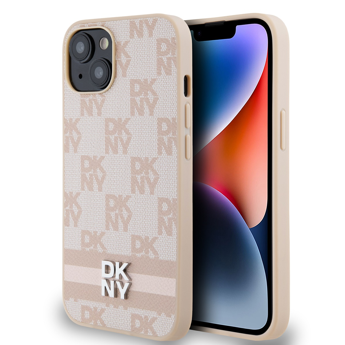 iPhone in una custodia DKNY. La custodia è beige con loghi DKNY e un logo DKNY argentato. Lo schermo dell'iPhone mostra grafiche colorate.