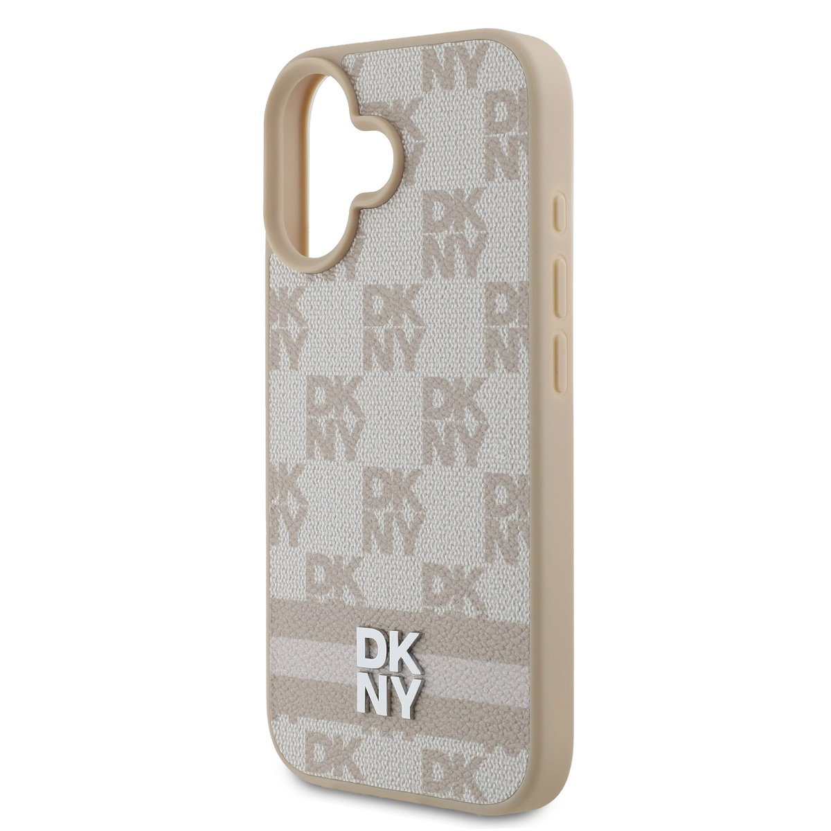Una custodia per telefono con un motivo a logo DKNY beige e bianco sporco. La custodia ha una cornice beige e il logo DKNY argentato.