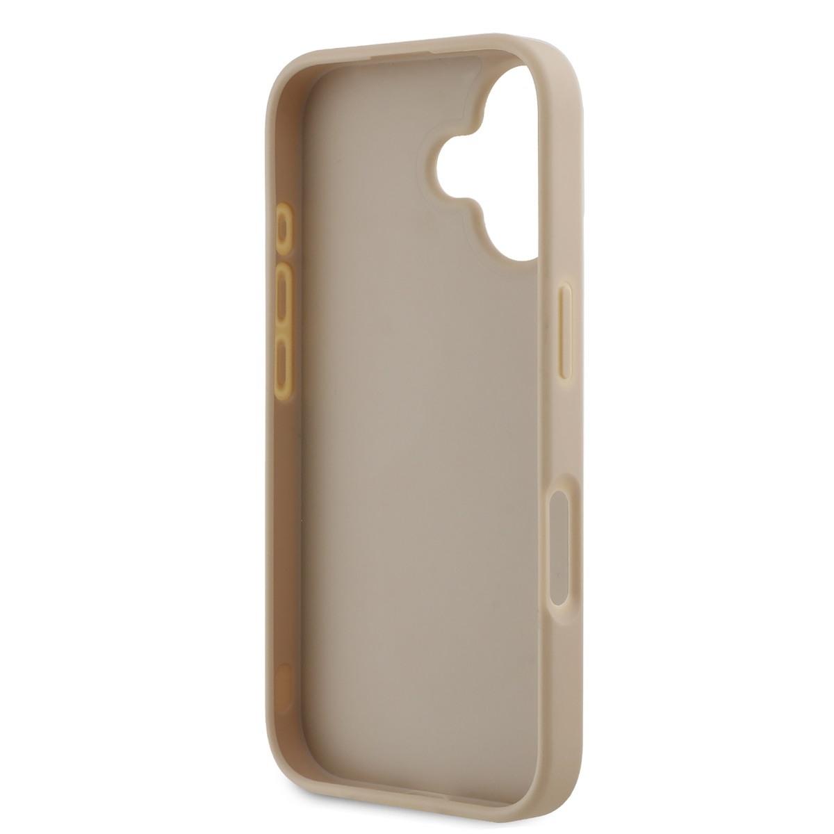 Una custodia per telefono beige. Ha ritagli per pulsanti, fotocamera e porte. Lo sfondo è bianco.