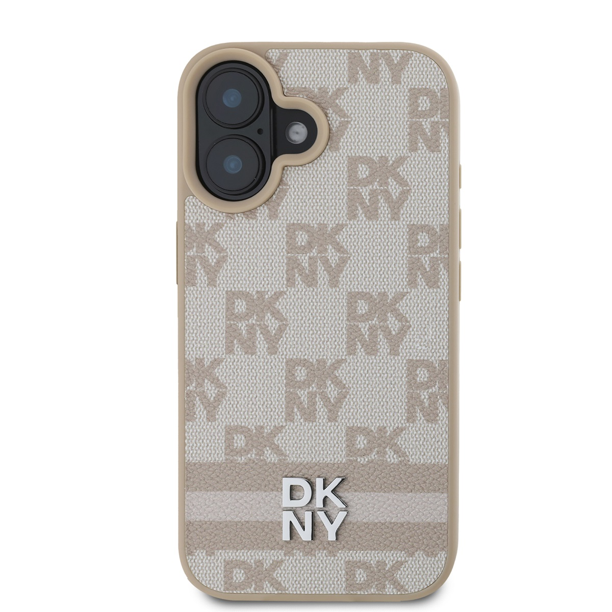 Una custodia per telefono con motivo DKNY beige e marrone chiaro. Ha un ritaglio per la fotocamera in alto e il logo DKNY in basso.