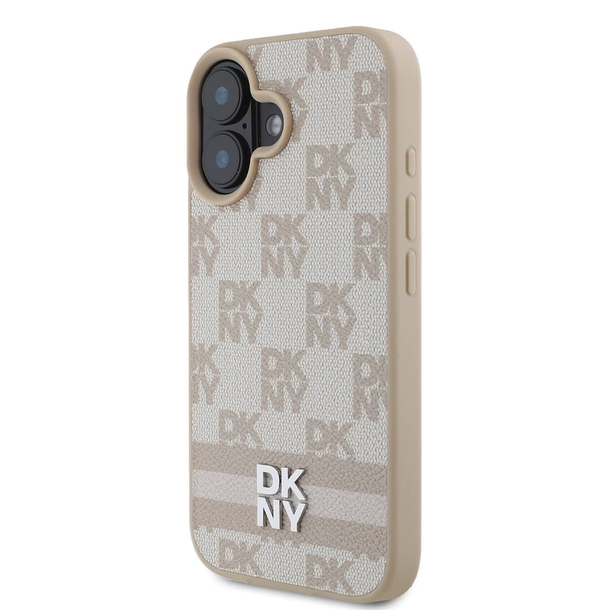 Una custodia per telefono beige con logo DKNY. La custodia ha un motivo e ritagli per la fotocamera.