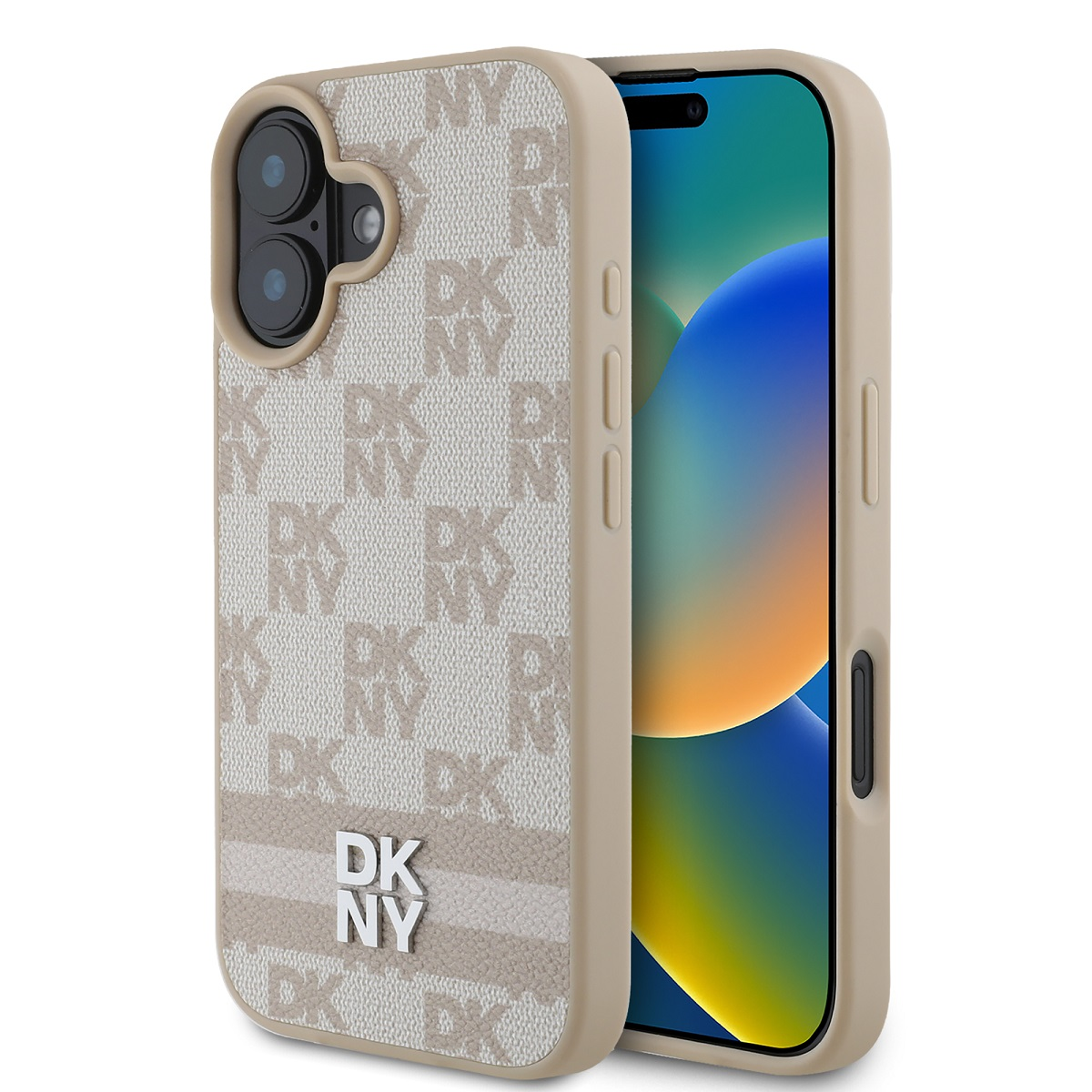 iPhone in una custodia DKNY. La custodia è beige con il logo DKNY. Lo schermo del telefono mostra uno sfondo blu e verde.