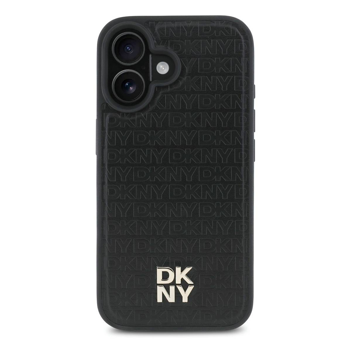 Custodia nera per telefono con logo DKNY. La custodia ha un motivo strutturato DKNY. Le lenti della fotocamera sono visibili in alto.