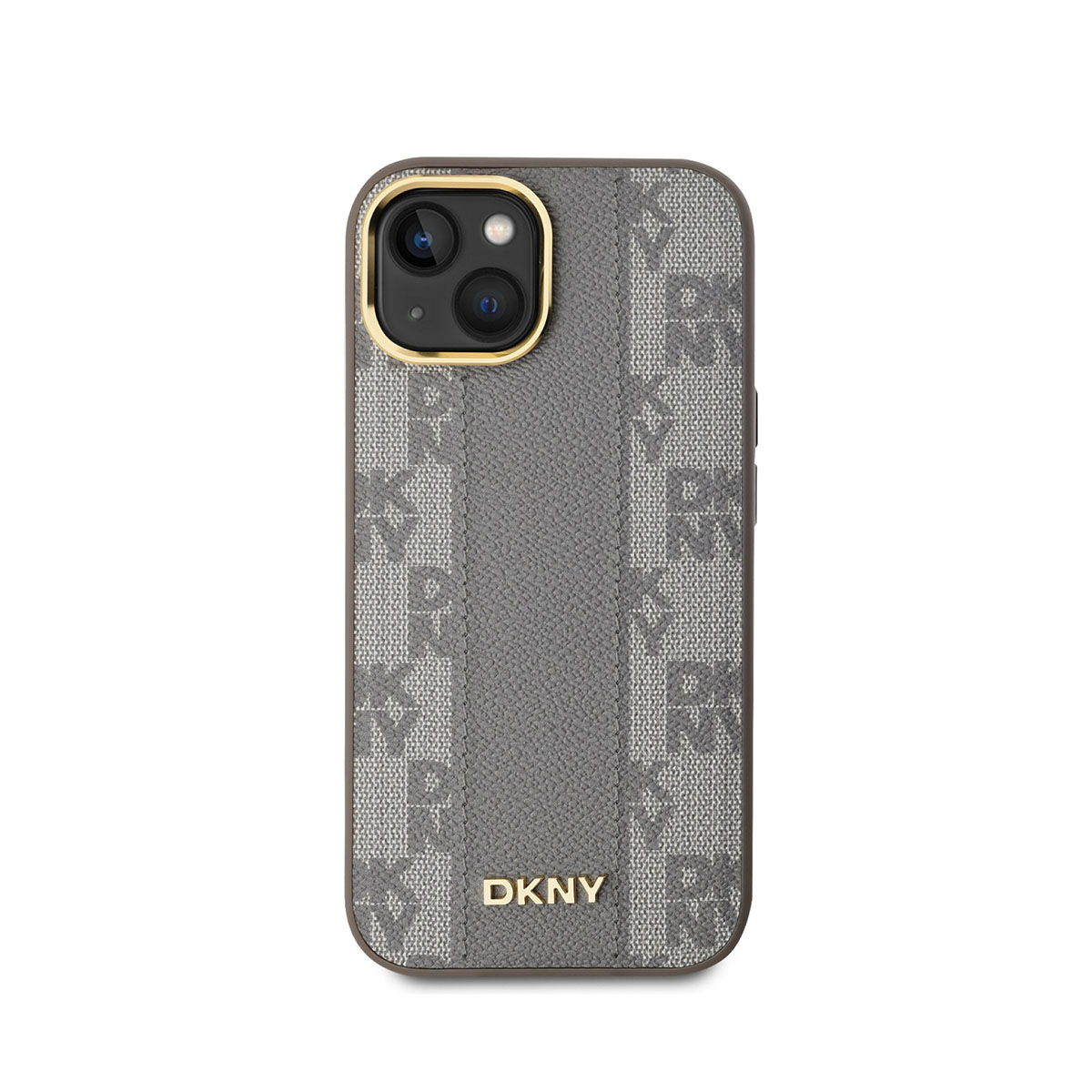 Una custodia grigia DKNY per iPhone. Ha una striscia grigia centrale e un motivo con loghi DKNY. La fotocamera è visibile in alto.