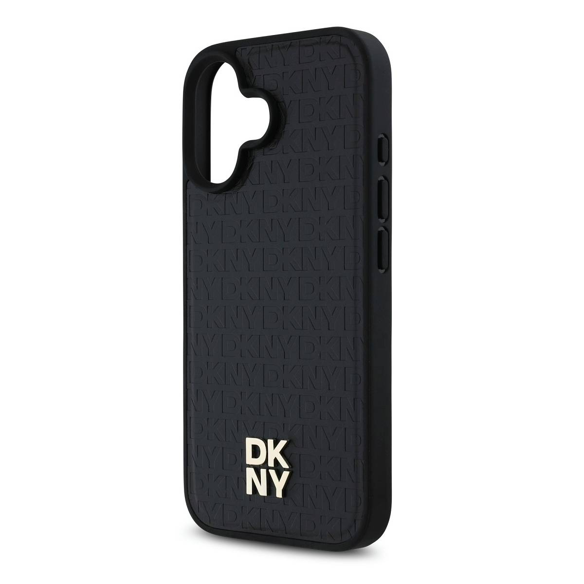 Custodia nera per telefono con logo DKNY in rilievo e testo DKNY ripetuto. La custodia ha un ritaglio per la fotocamera e pulsanti.