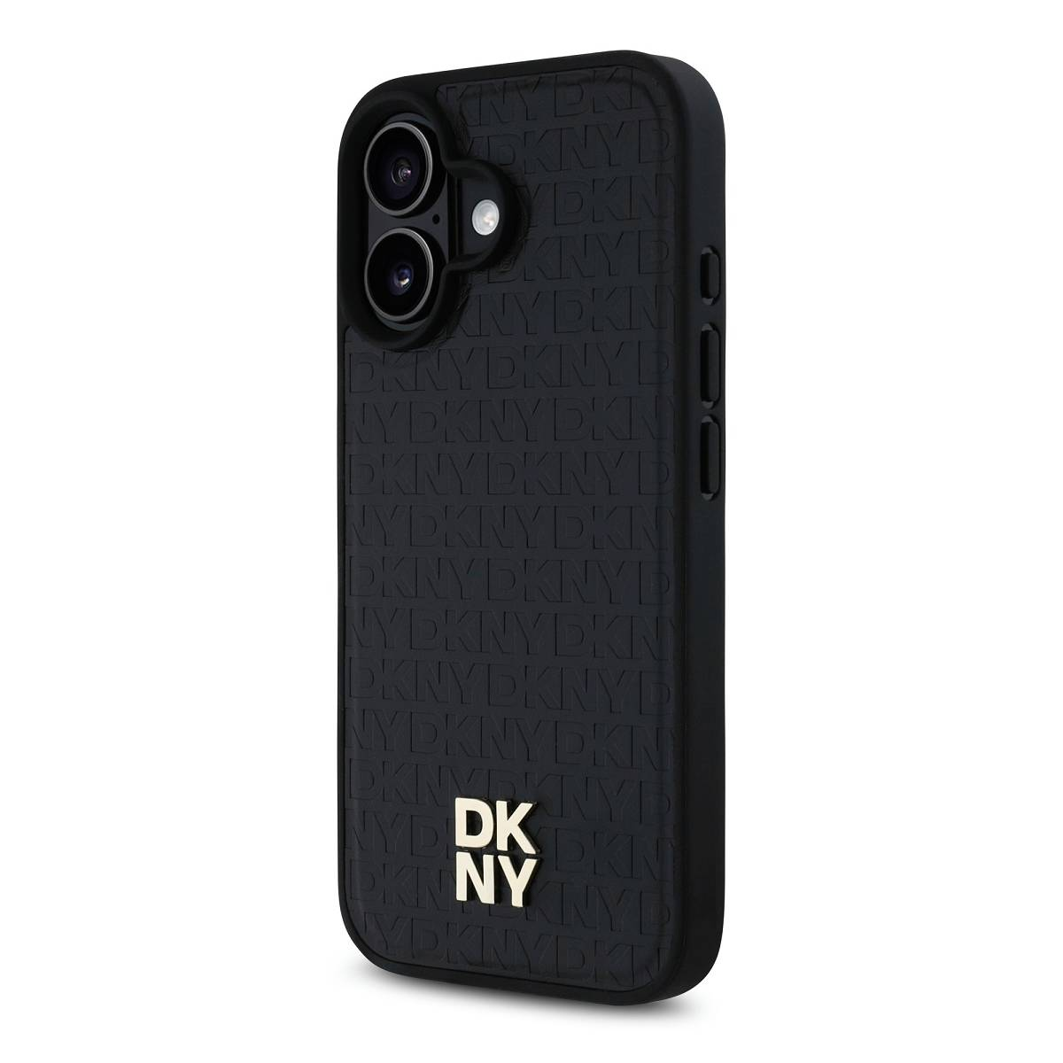 Una custodia nera per telefono con logo DKNY. La custodia ha una superficie strutturata con il logo DKNY ripetuto. Il telefono ha due obiettivi.