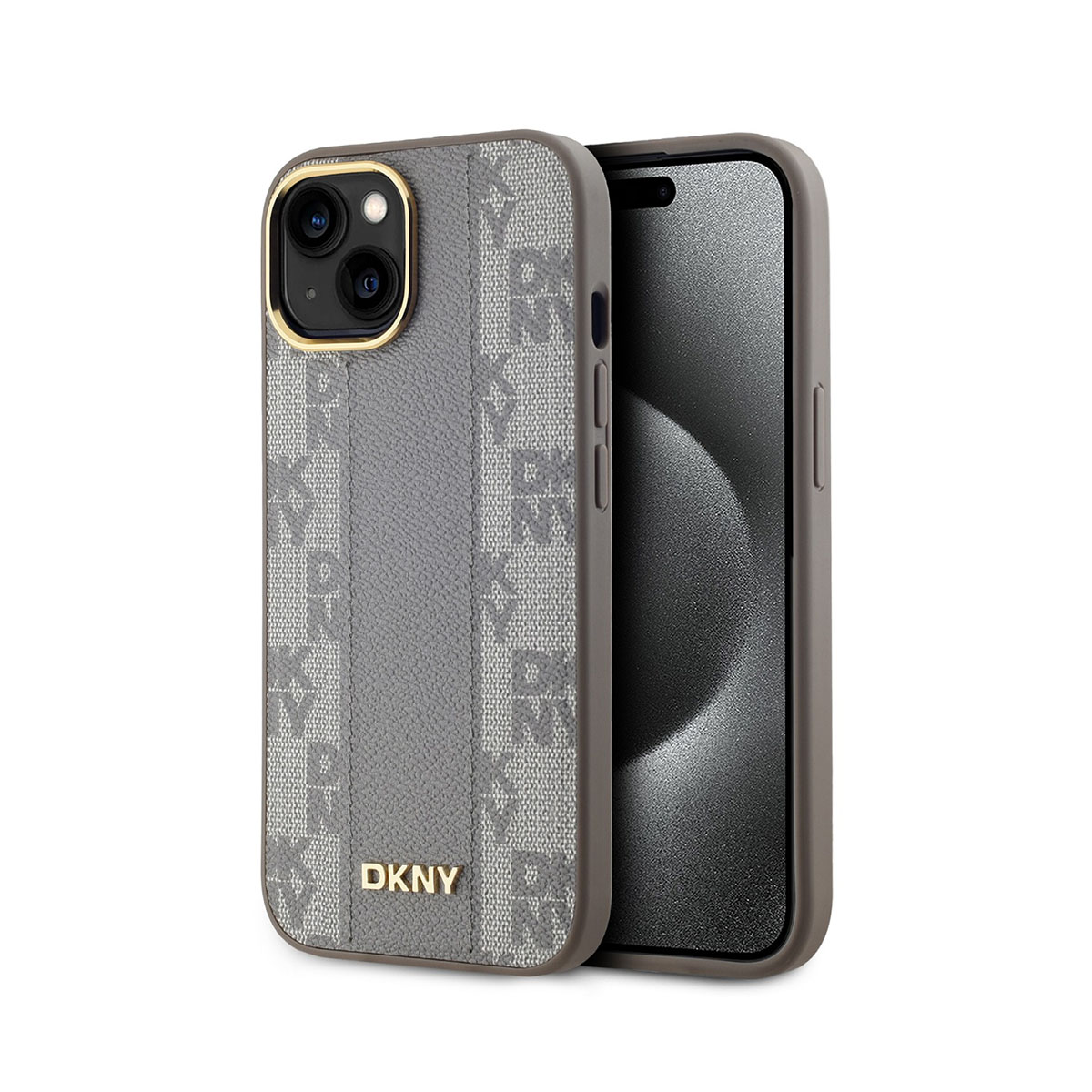 Una custodia grigia per iPhone con marchio DKNY. La custodia ha un design a fantasia e un anello fotocamera dorato.