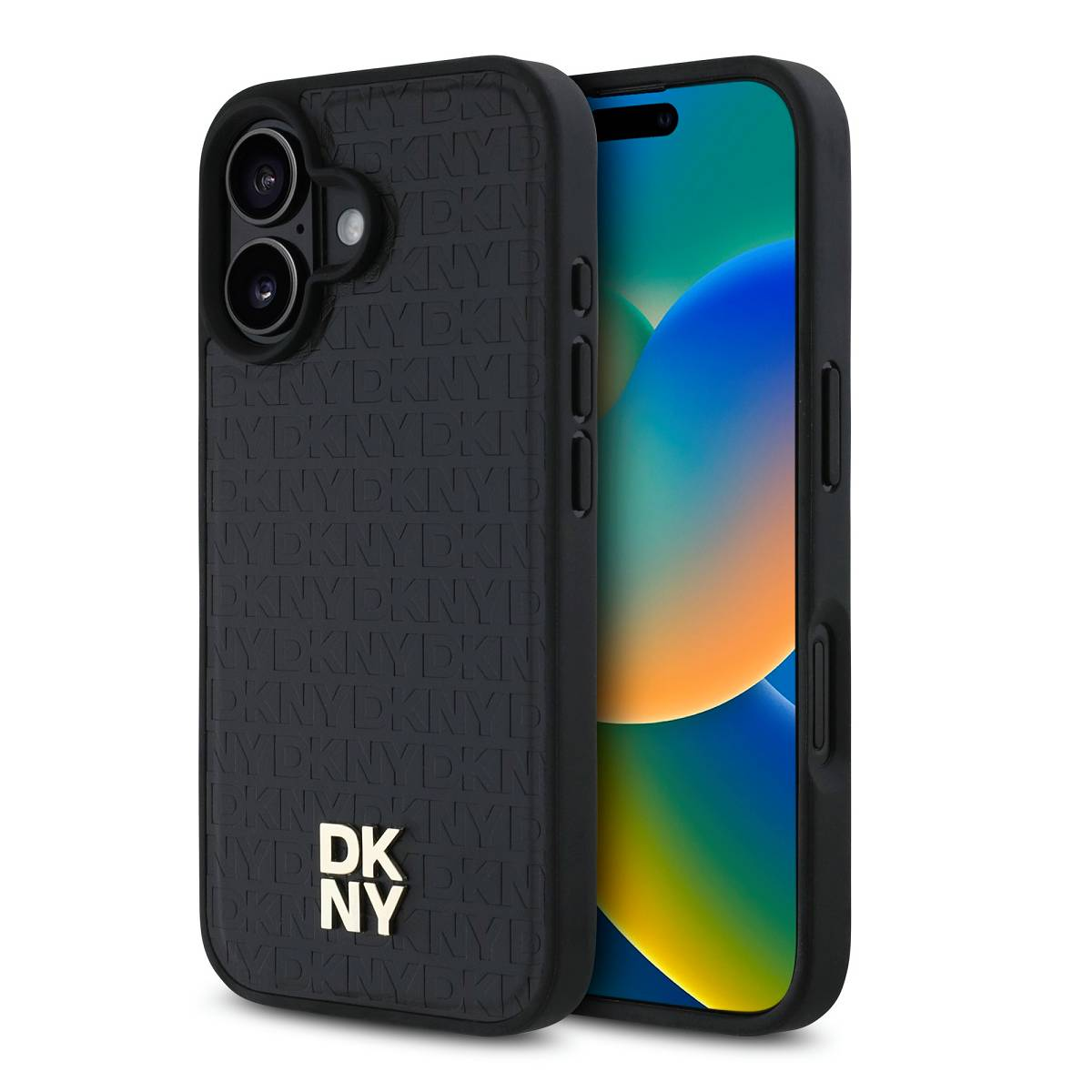 iPhone nero con custodia DKNY. La custodia ha una superficie strutturata con logo DKNY dorato e testo ripetuto.
