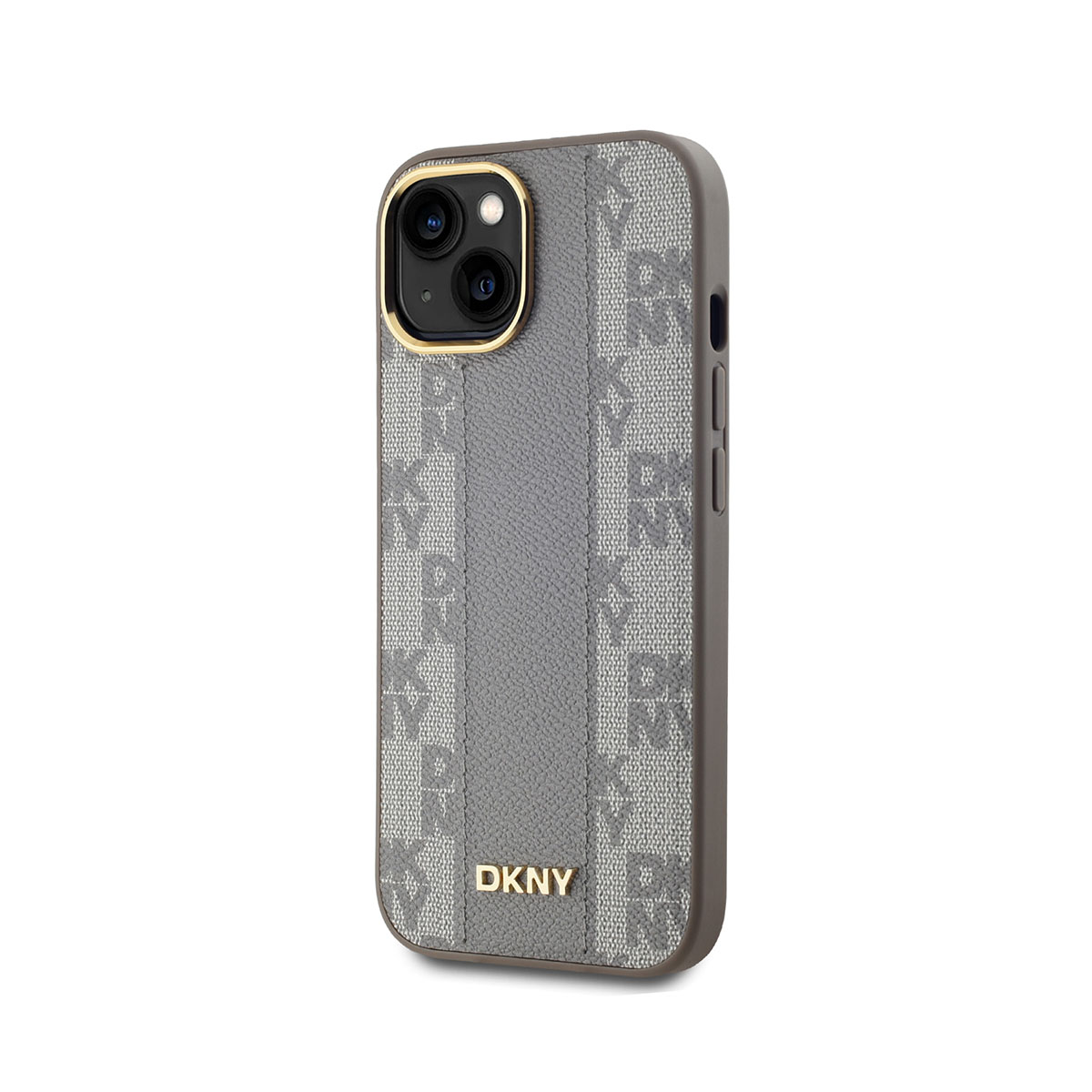 Una custodia per telefono DKNY. Ha una striscia grigia al centro, con il logo DKNY in bianco. La custodia è su sfondo bianco.