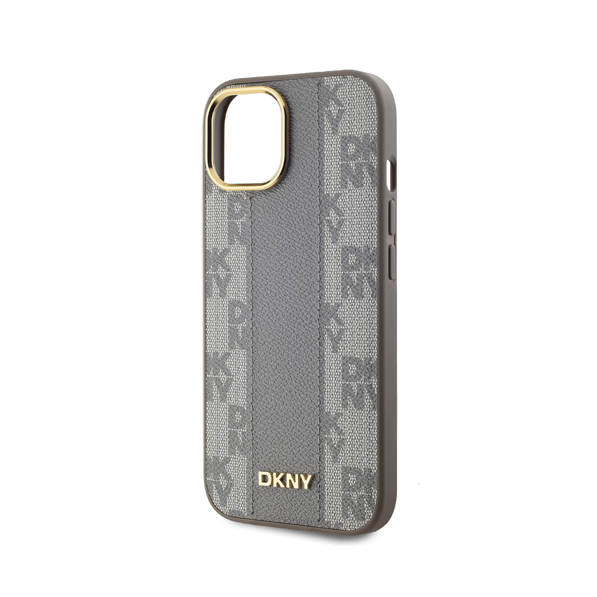 È esposta una custodia per telefono DKNY. Ha una combinazione di colori grigio e marrone, con il logo DKNY e un bordo dorato attorno alla fotocamera.