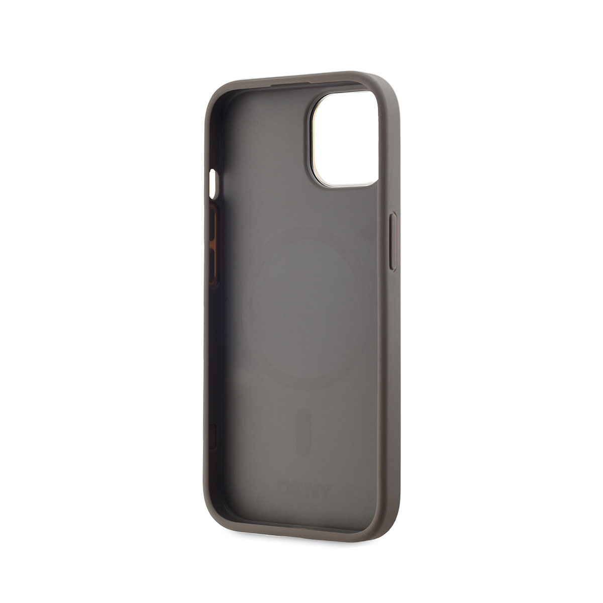 Una custodia per telefono grigio scuro su sfondo bianco. Ha un ritaglio per la fotocamera e un cerchio di ricarica magnetica.