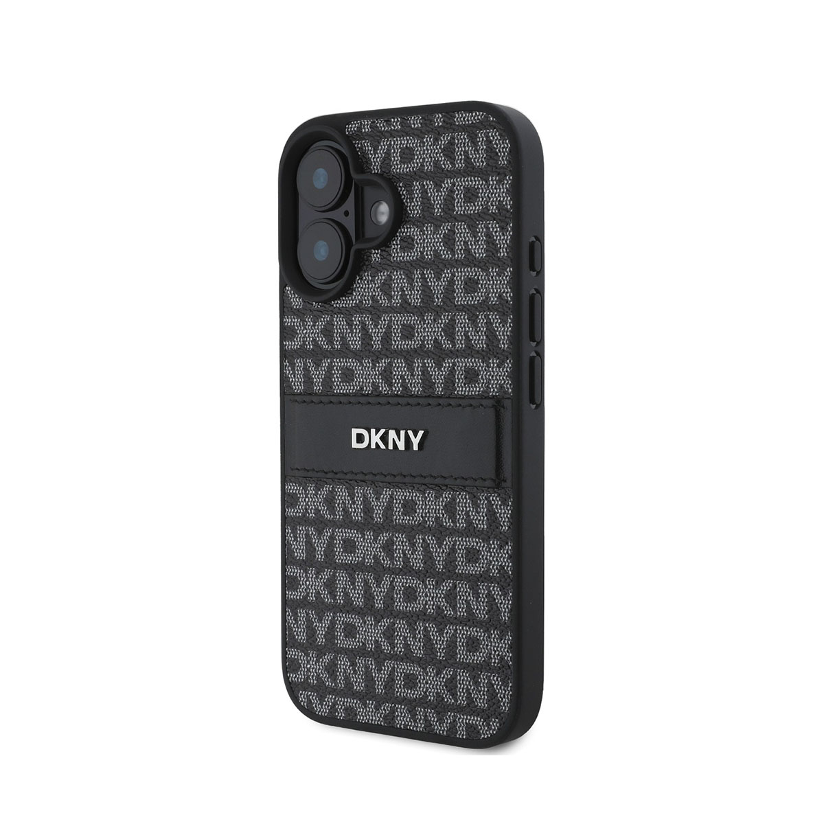 Una custodia nera per telefono con logo DKNY. La custodia ha un motivo di lettere DKNY. Il telefono ha una fotocamera.