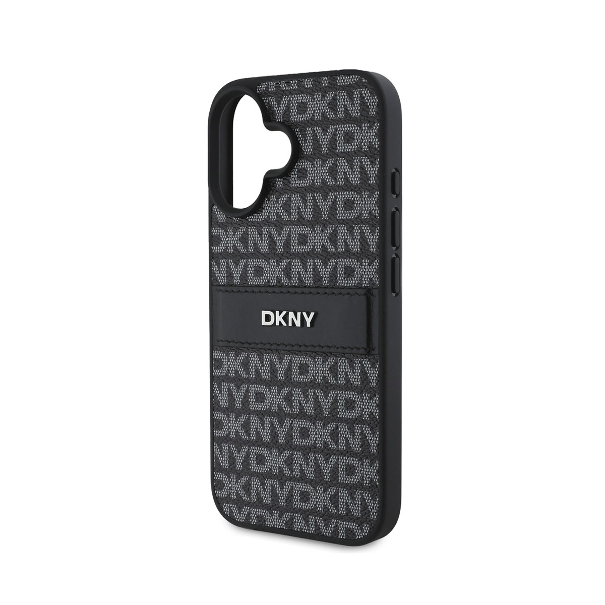 Una custodia per telefono DKNY nera. Ha un motivo 'DKNY' e 'NYDKNY' in grigio. Il logo DKNY è centrato sulla custodia.