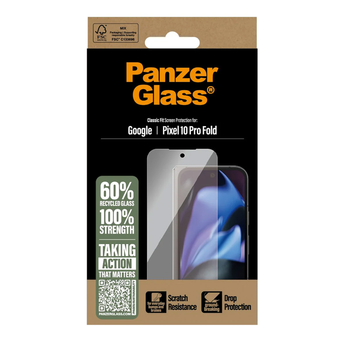 Emballage du protecteur d'écran PanzerGlass pour Google Pixel 10 Pro Fold. Montre le protecteur sur un téléphone, avec du texte sur les fonctionnalités.