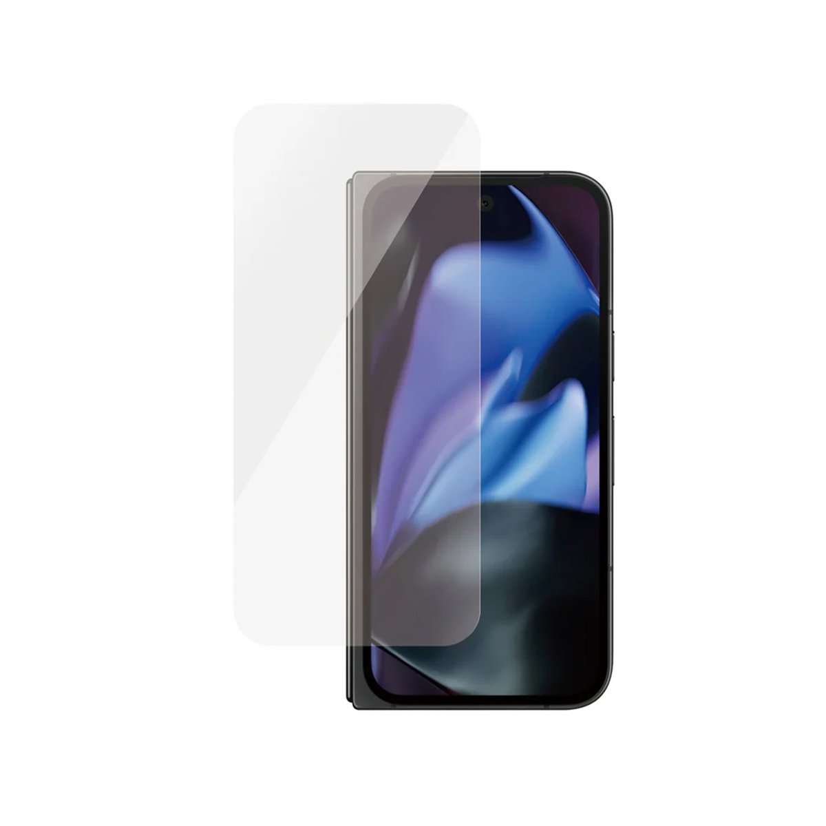 Un smartphone avec un protecteur d'écran. Le téléphone est noir et a un écran bleu et violet. Le protecteur d'écran est transparent.