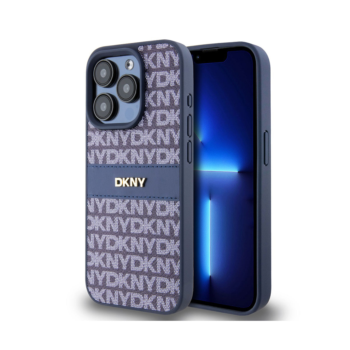 Un iPhone in una custodia DKNY. La custodia è blu navy con un motivo e il logo del marchio. Lo schermo del telefono è visibile.