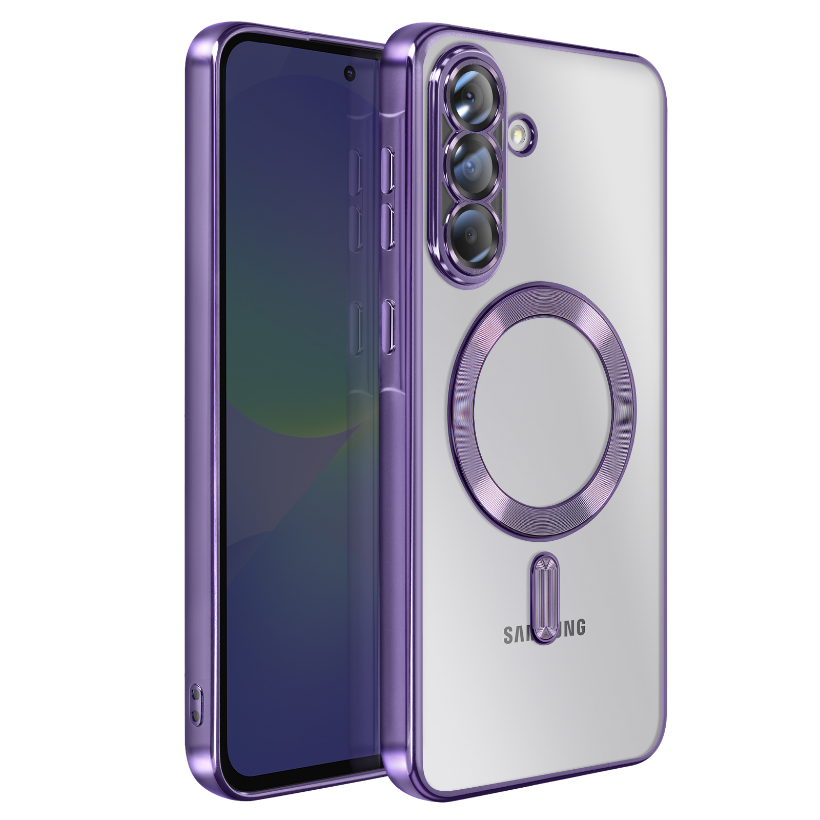 Une coque de téléphone transparente avec des accents violets. Elle comprend un module caméra et un anneau magnétique au dos.