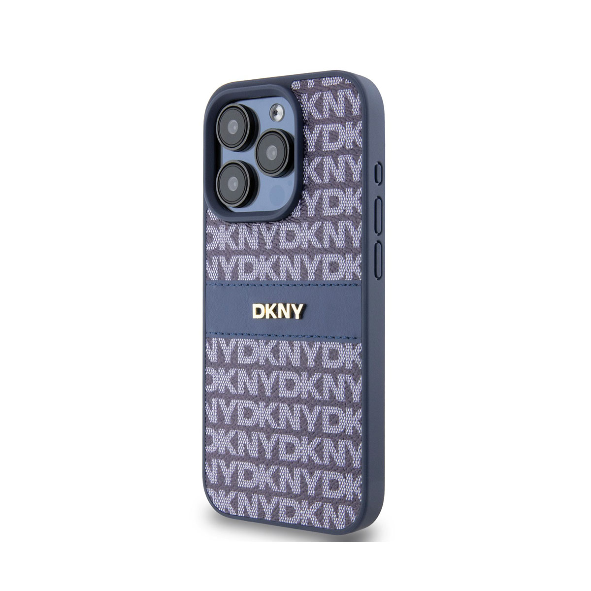 Una custodia blu DKNY. Ha un motivo con testo DKNY bianco. La custodia contiene un telefono con tre lenti.