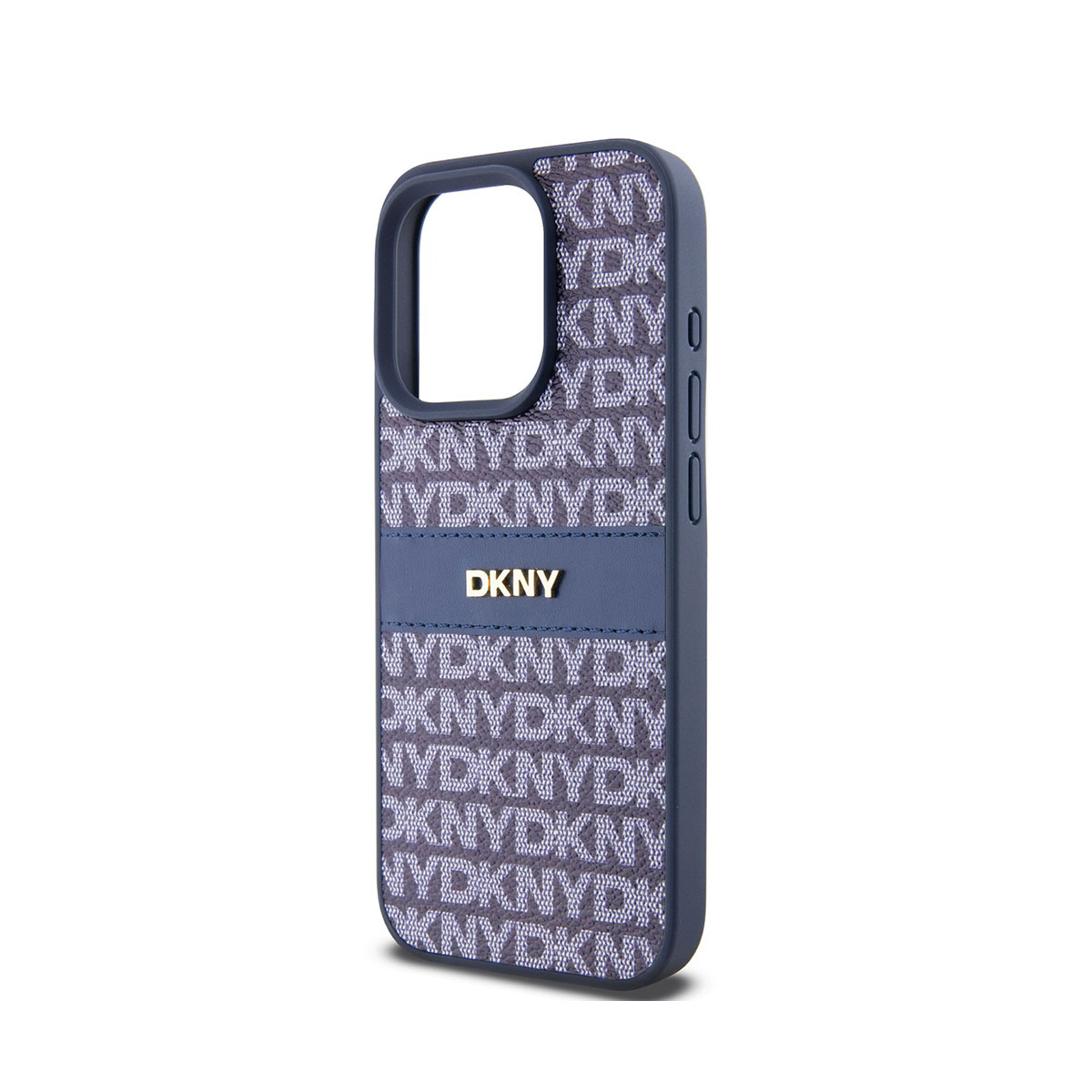 Una custodia per telefono DKNY. Blu scuro con loghi DKNY bianchi. Il logo DKNY è centrato. La custodia ha pulsanti laterali e un ritaglio per la fotocamera.