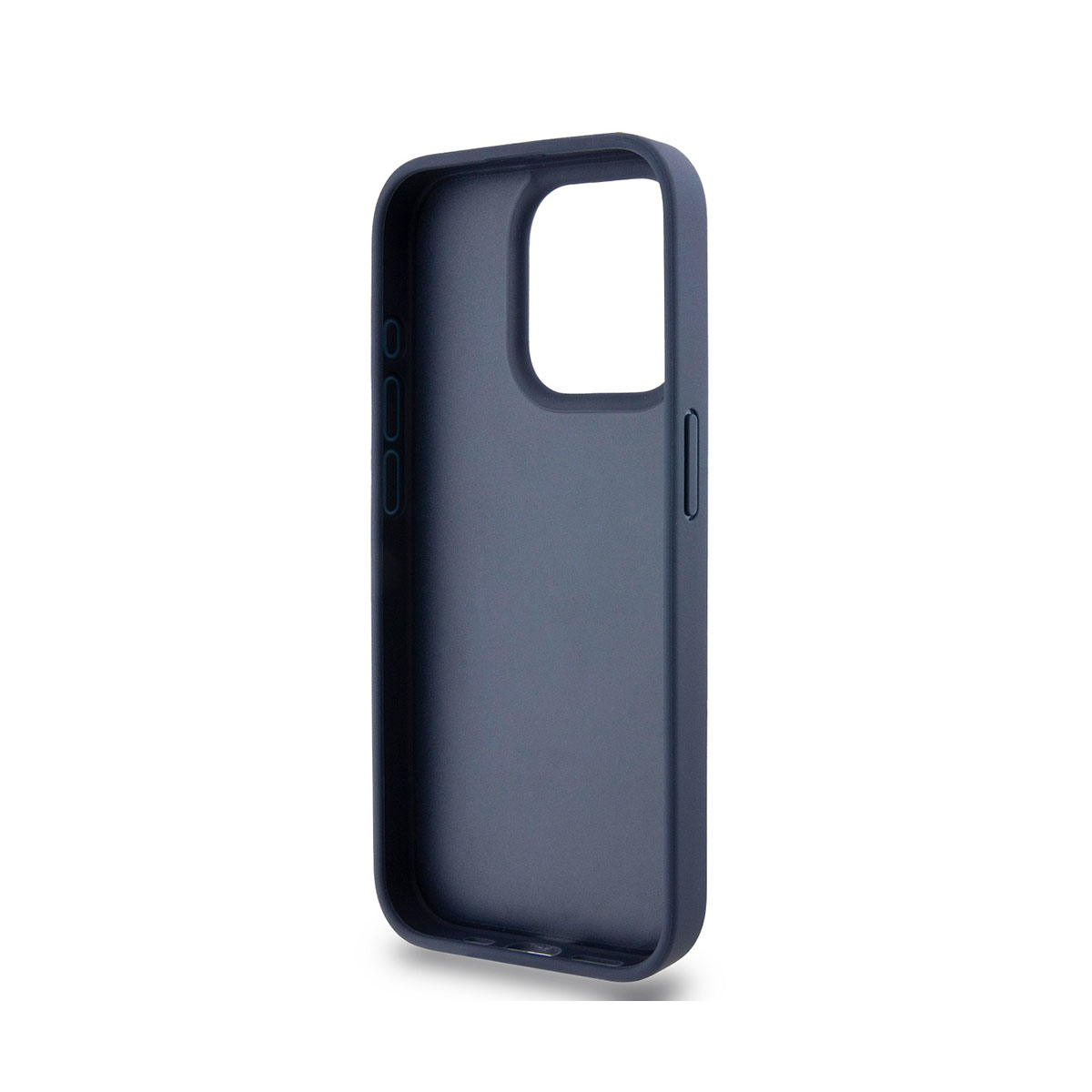 Una custodia per telefono blu scuro, con un ritaglio per la fotocamera e fori per i pulsanti. La custodia è su sfondo bianco. La custodia è vuota.