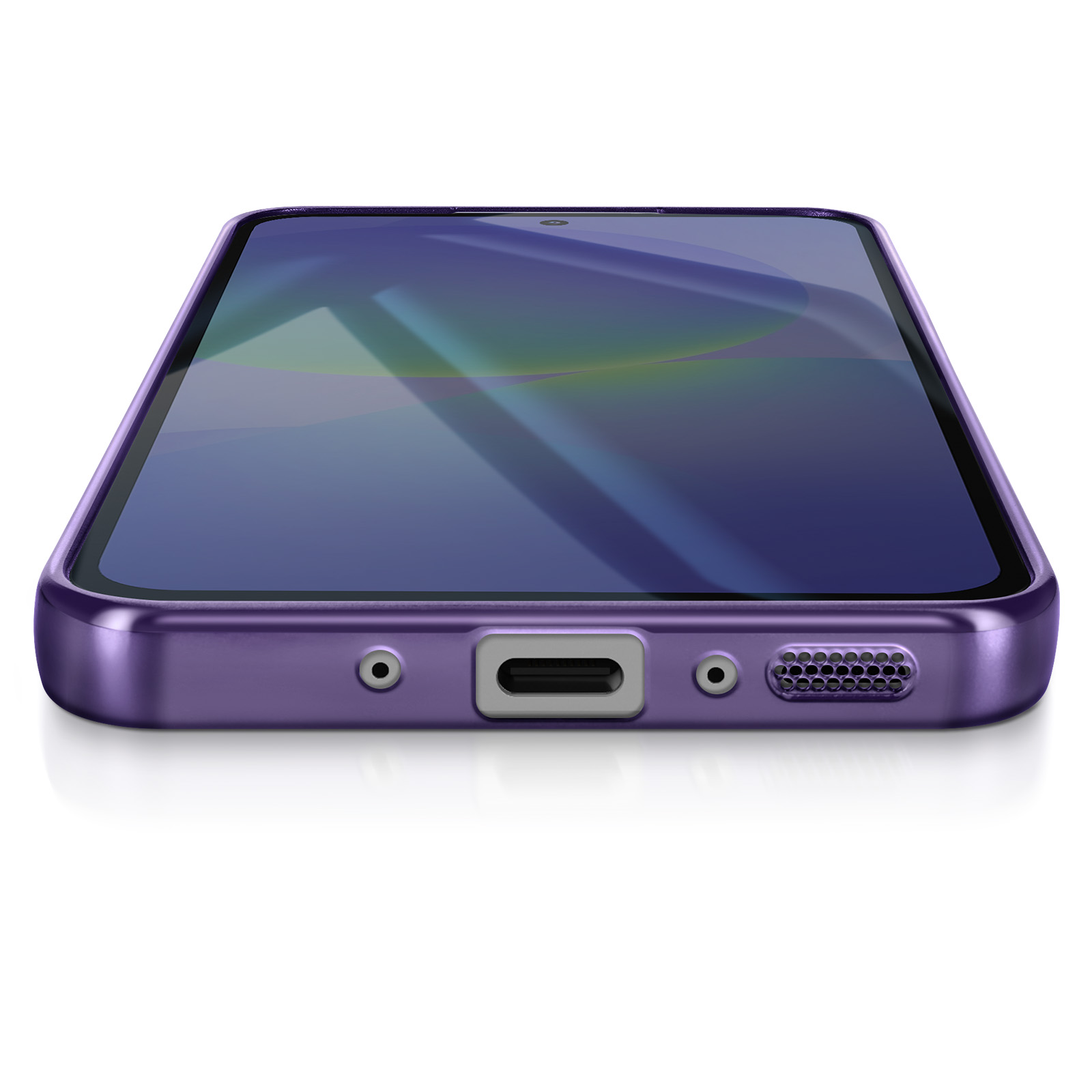 Un smartphone violet est posé sur une surface blanche. L'écran affiche un motif abstrait coloré. Le bas a des ports.