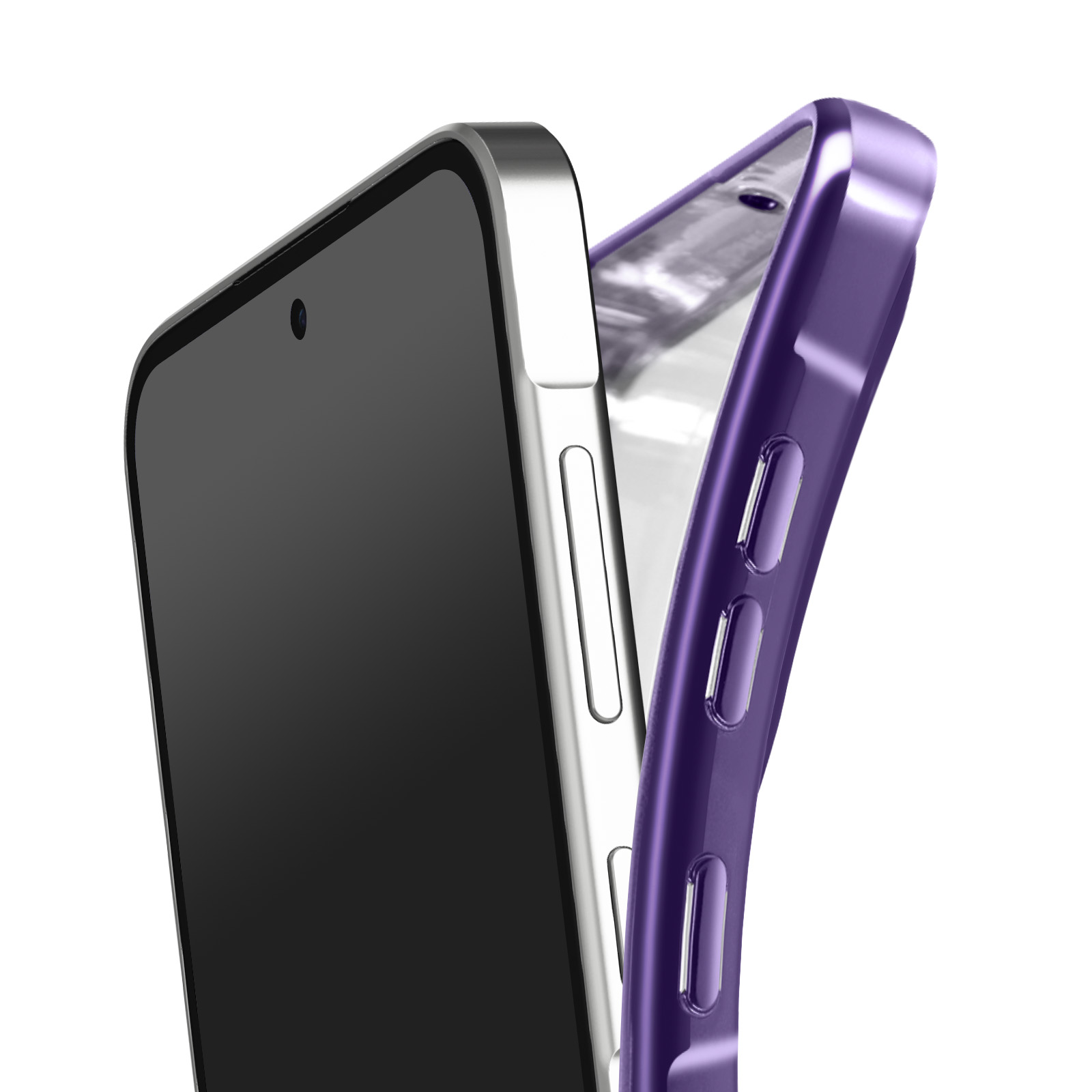 Gros plan d'un smartphone avec écran noir et coque violette. Fond blanc.