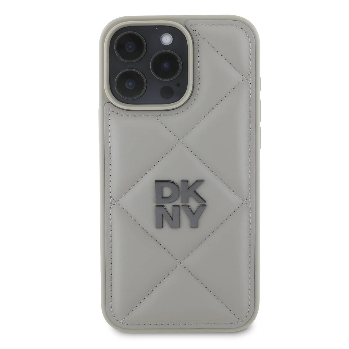 Una custodia grigia DKNY per iPhone. È trapuntata con un motivo a diamante e presenta il logo DKNY. Il telefono ha tre obiettivi.