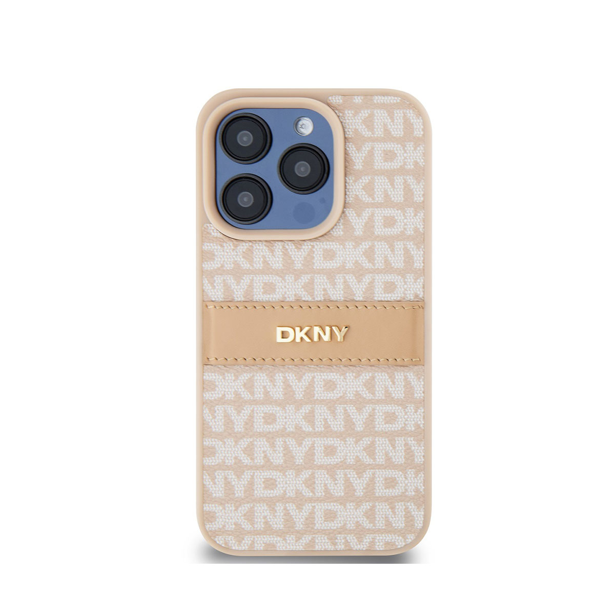 Una custodia per telefono con logo DKNY. Ha un motivo beige chiaro con logo DKNY ripetuto. L'area della fotocamera è blu.